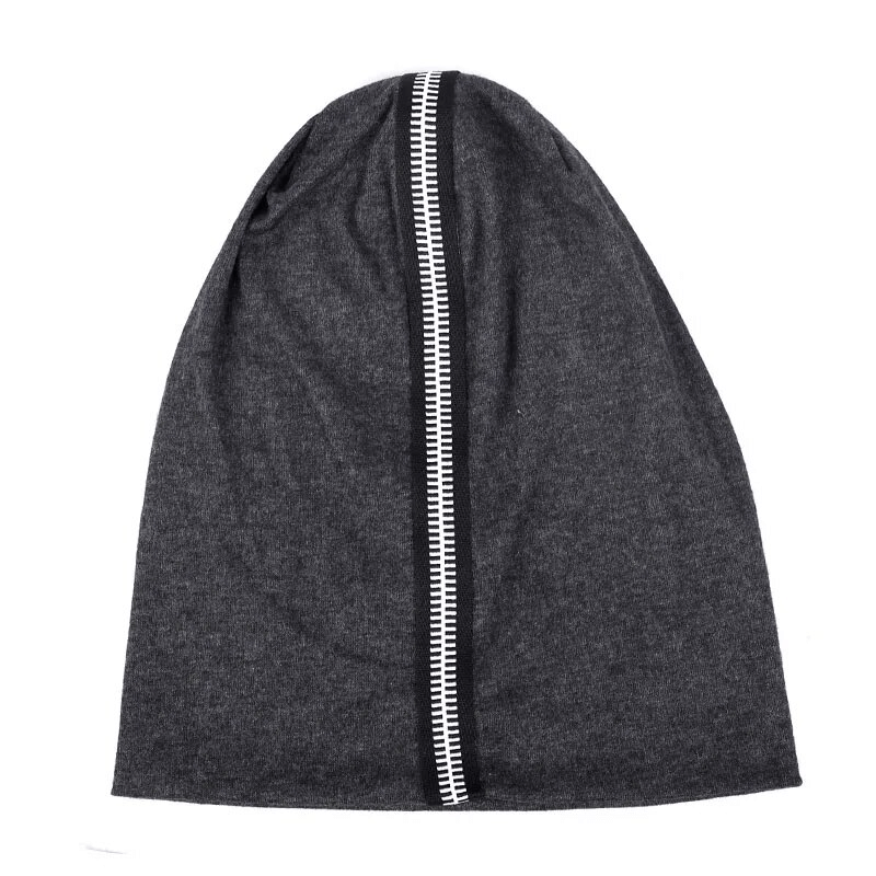 Stylish cotton beanie with decorative zipper, unisex design, dark grey color, fits 48-52cm head, cozy cotton/polyester blend warmth.
