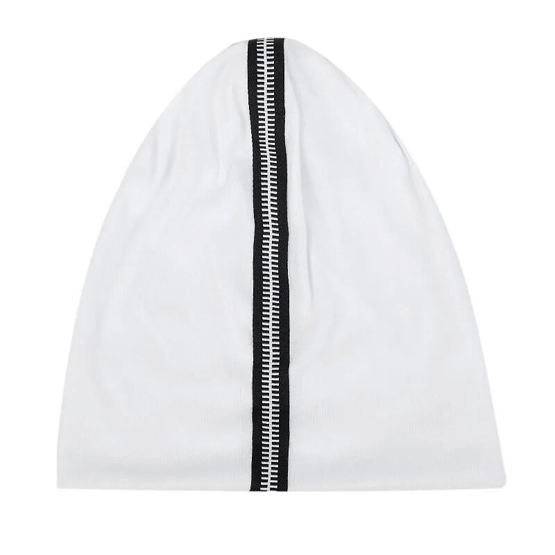 Stylish white cotton beanie with decorative zipper and geometric pattern, perfect for unisex fashion; fits head sizes 48-52cm.