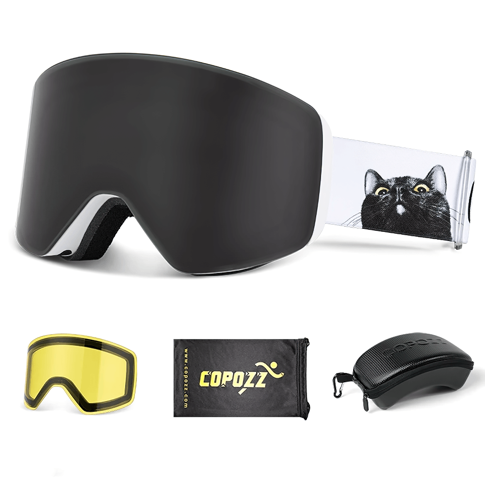 Stylish cylindrical snowboard goggles with cat strap, UV400 protection, additional yellow lens, case, and bag.