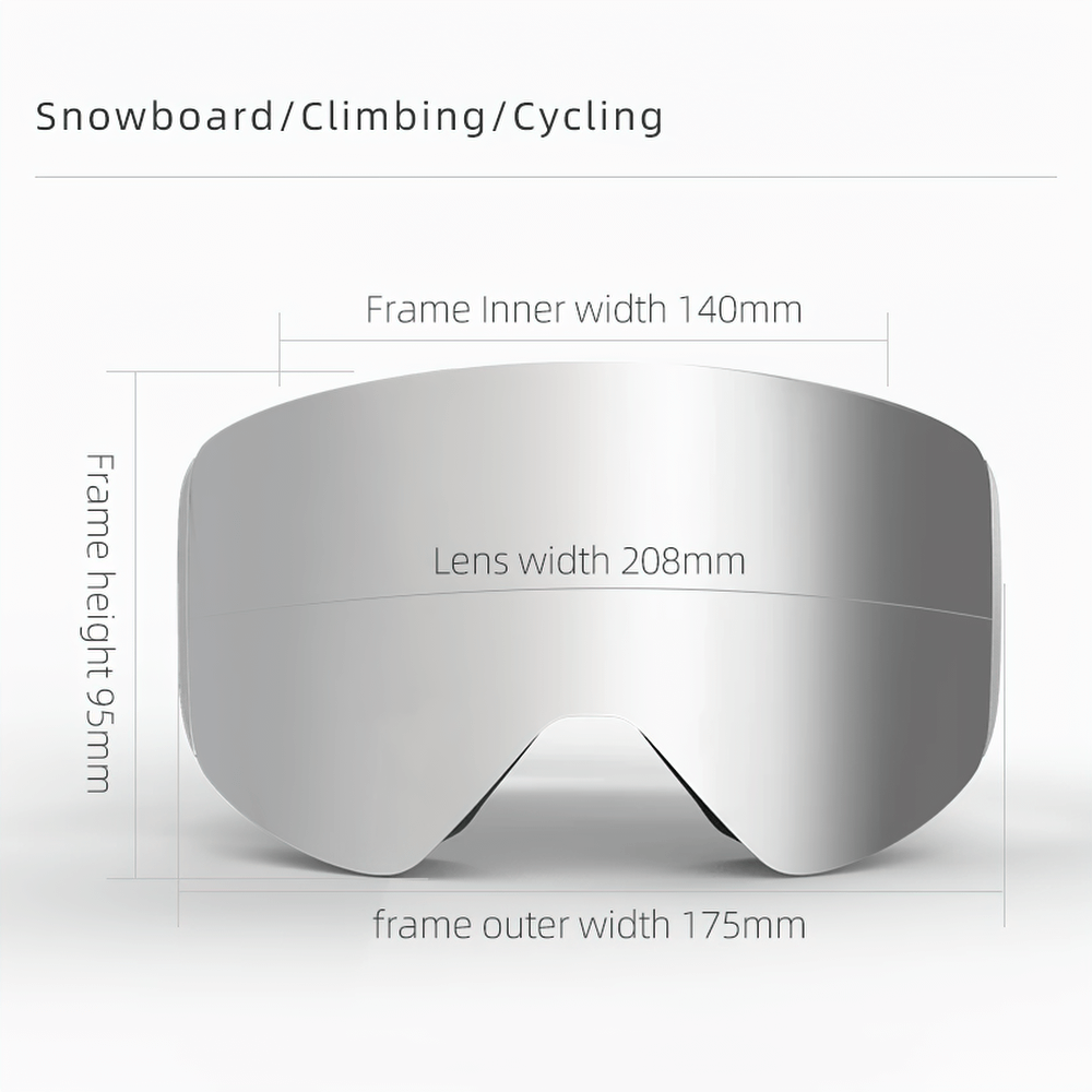 Cylindrical snowboard goggles dimensions for skiing and climbing. Lens width 208mm, frame inner 140mm, outer 175mm, height 95mm.