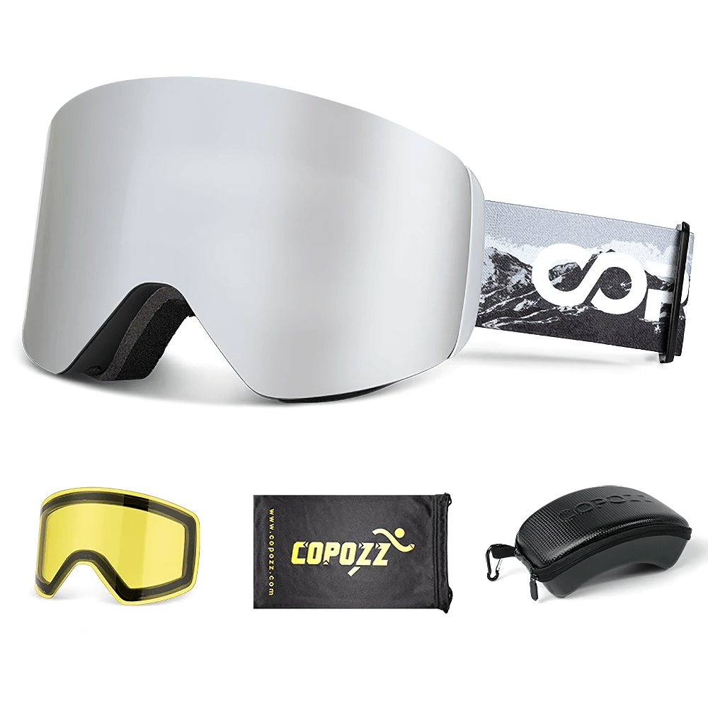 Stylish cylindrical snowboard goggles with UV400 protection, extra yellow lens, durable case, and bag. Perfect for skiing and snowboarding.