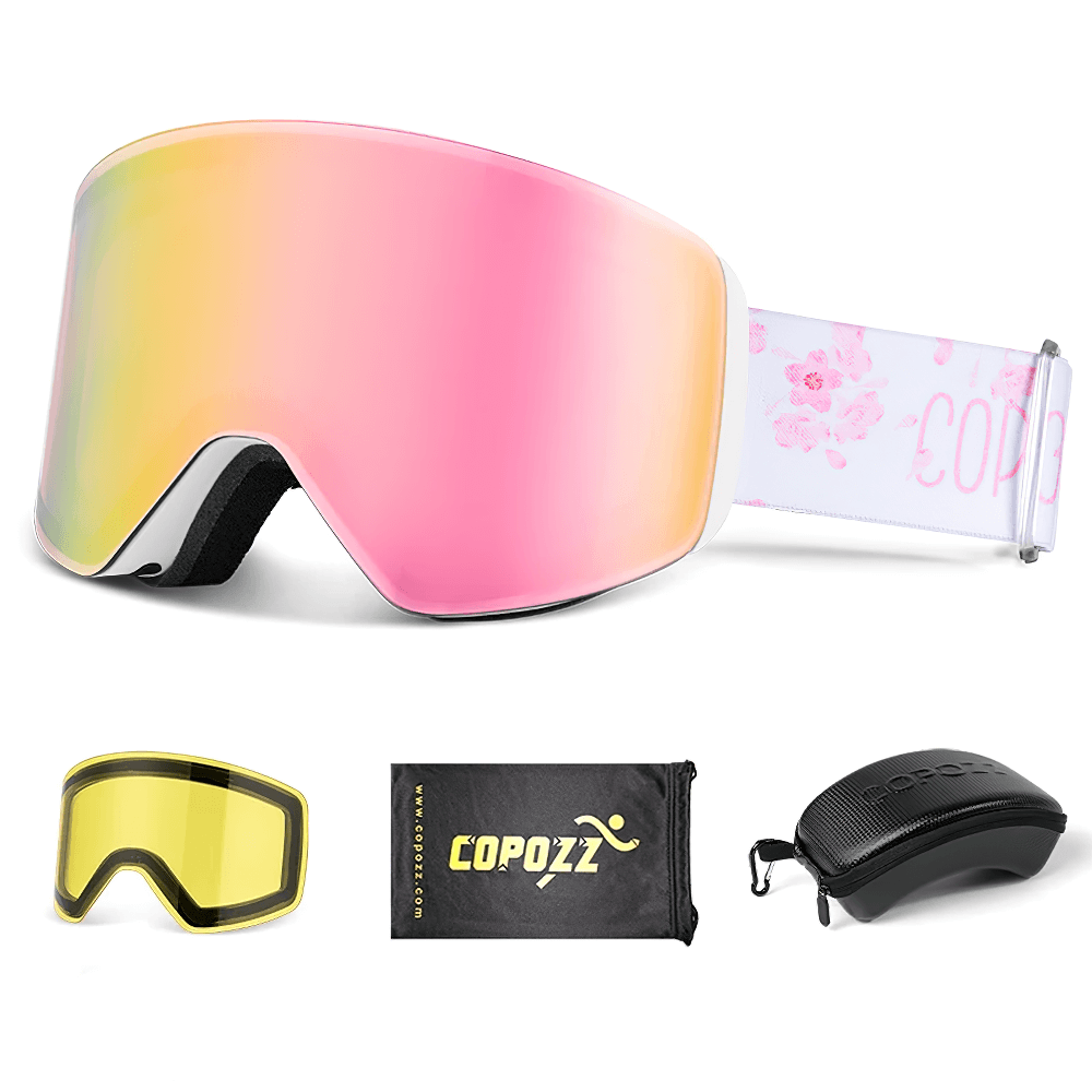 Stylish cylindrical snowboard goggles with UV400 protection, extra yellow lens, case, and bag for adults, model SF2552.