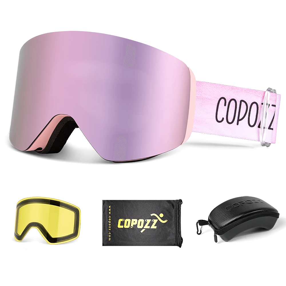 Stylish cylindrical snowboard goggles UV400 with extra lens, case, and bag for adults, designed for both men and women.