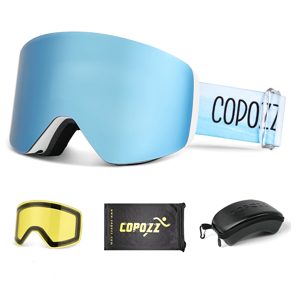 Stylish cylindrical snowboard goggles with UV400 protection, extra yellow lens, case, and bag for adults. Scratch-resistant design.