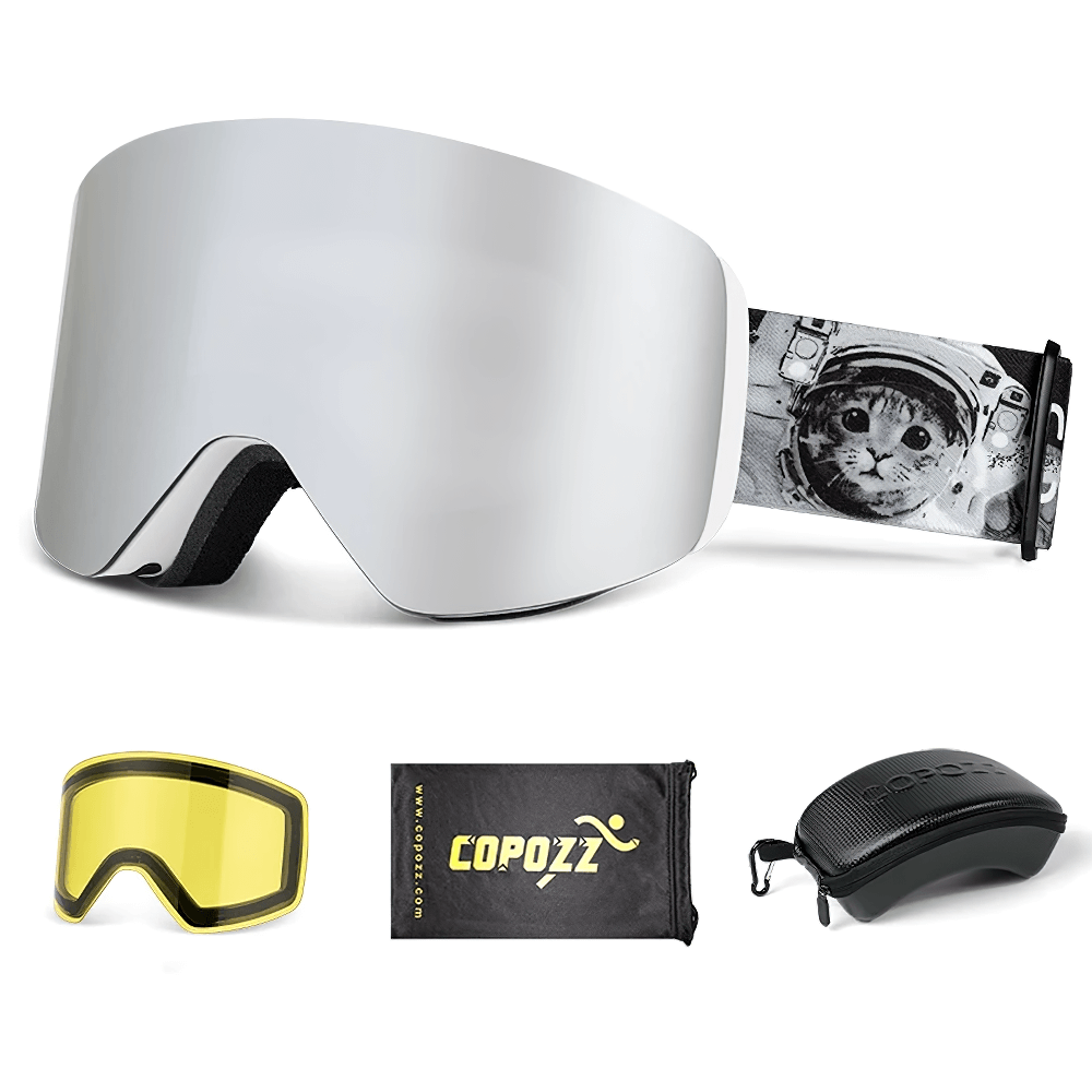 Stylish cylindrical snowboard goggles with UV400, extra yellow lens, durable case, and bag. Anti-fog and scratch-resistant.