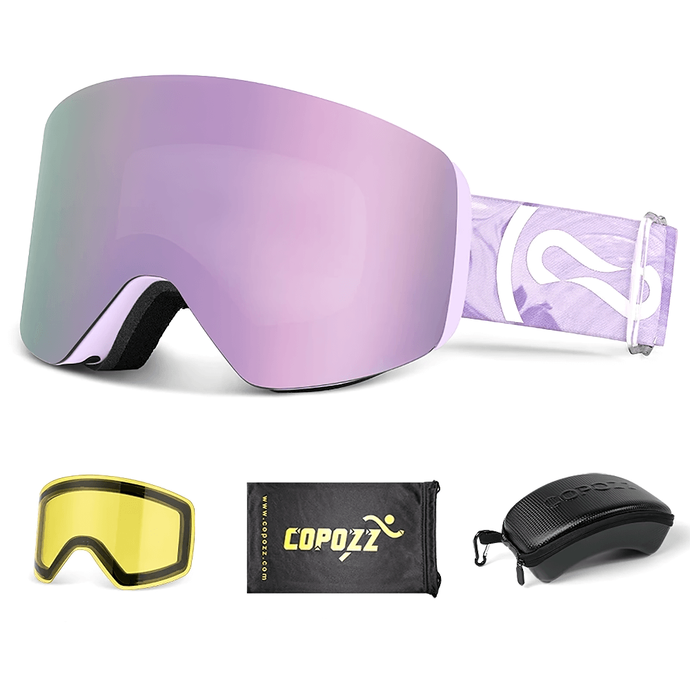 Stylish cylindrical snowboard goggles with UV400 protection, extra yellow lens, case, and bag for adults - model SF2552.