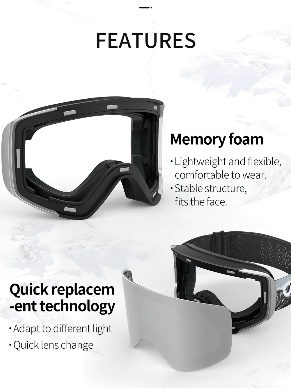 Stylish snowboard goggles with memory foam and quick lens replacement for clear vision and comfort on the slopes.