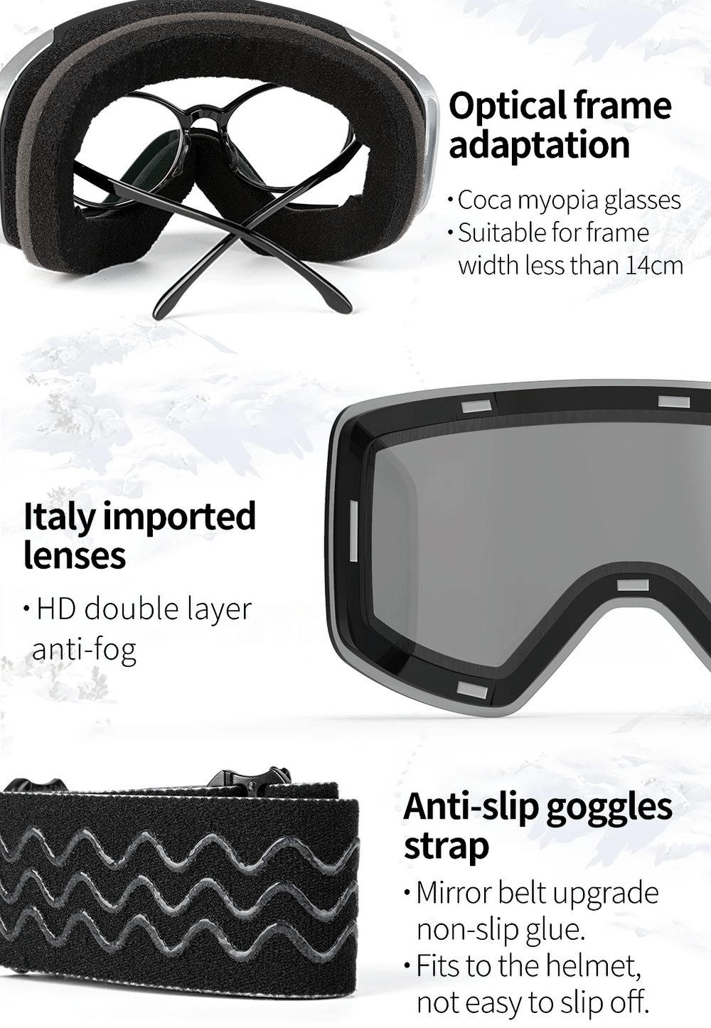 Stylish snowboard goggles with optical frame adaptation, Italy imported HD lenses, and anti-slip strap for secure fit.