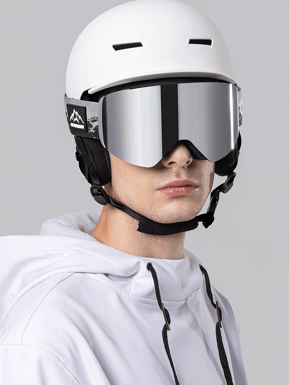 Model wearing stylish cylindrical snowboard goggles UV400 - SF2552, designed for adults with anti-fog lenses.