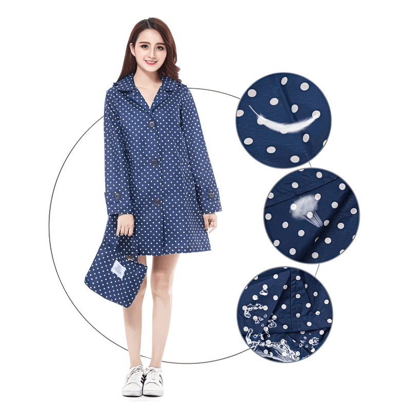 Woman wearing blue polka dot raincoat, showcasing waterproof features and carrying matching pouch.