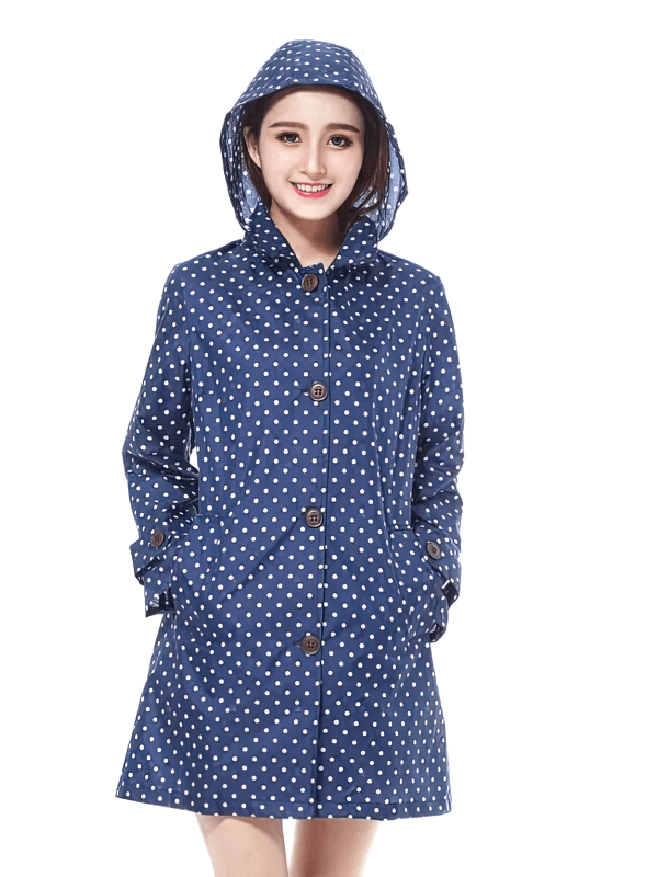 Woman wearing Stylish Dot waterproof hooded jacket in polka dot design, perfect for rain protection and style, model SF1978.