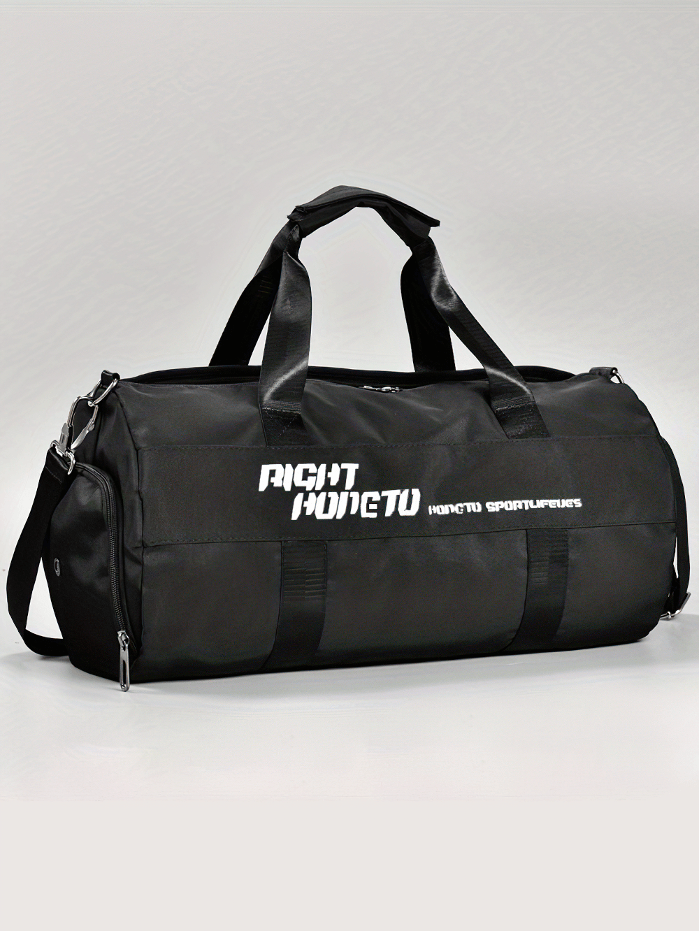 Black sports duffel bag SF2650 with zipper closure, durable polyester, and detachable strap, perfect for gym or travel.