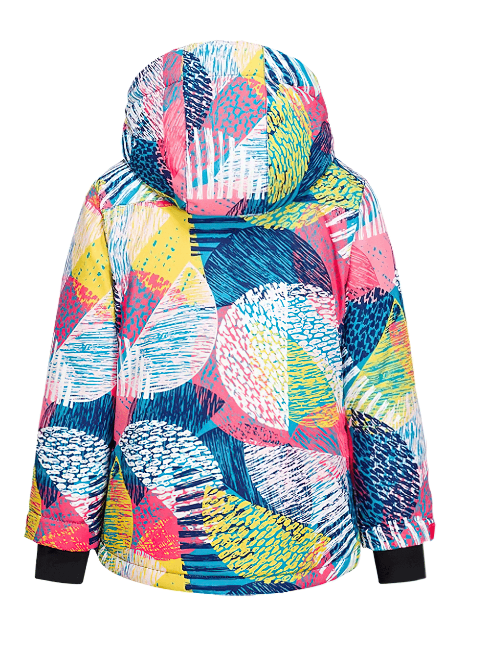 Back view of the Stylish Durable Warm Ski Jacket for Girls - SF3582, featuring a colorful and vibrant pattern, perfect for snowy adventures.