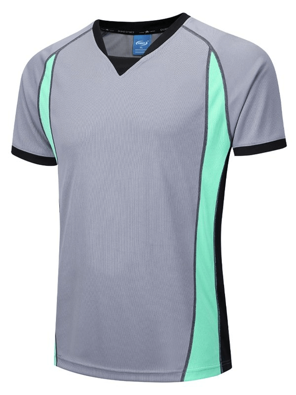 Stylish elastic quick-drying men's t-shirt with short sleeves in gray and teal, ideal for workouts and outdoor activities.