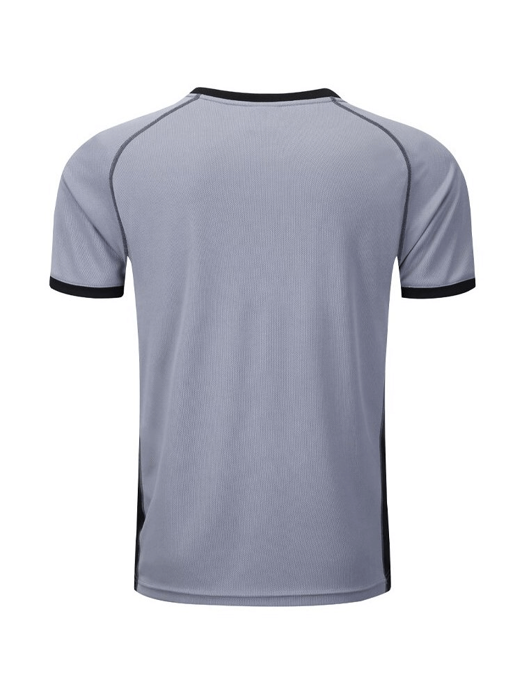 Back view of a stylish gray quick-drying men's t-shirt, short sleeves, breathable polyester fabric - perfect for workouts and outdoor activities.