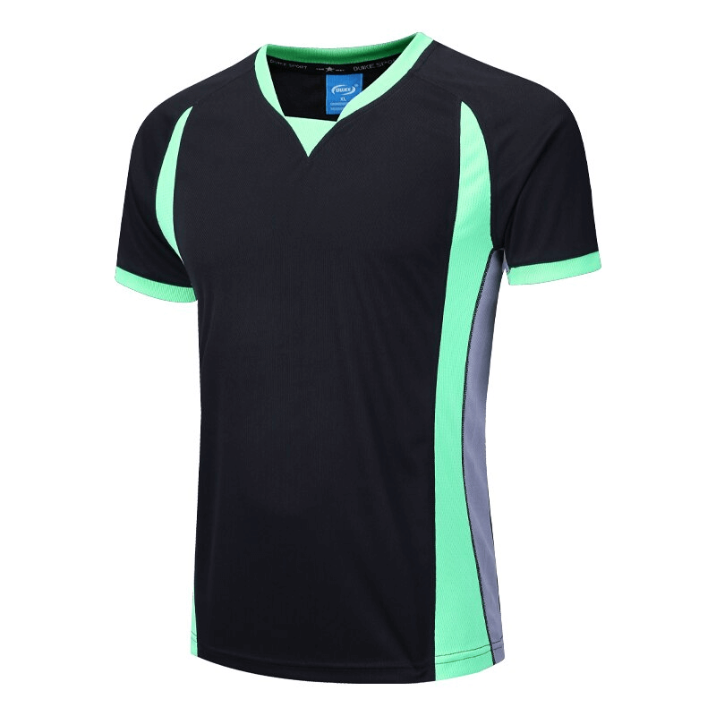 Stylish black and green men's quick-drying t-shirt with short sleeves, perfect for workouts and outdoor activities.