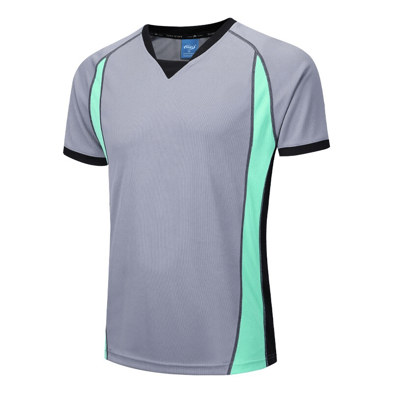 Gray and mint stylish men's quick-drying t-shirt with short sleeves, perfect for workouts and outdoor activities.