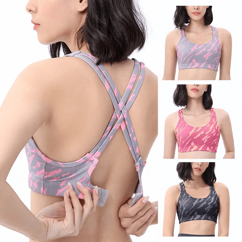 Stylish elastic sports bra with cross back and adjustable double-row buckles in various colors for women, model SF1610