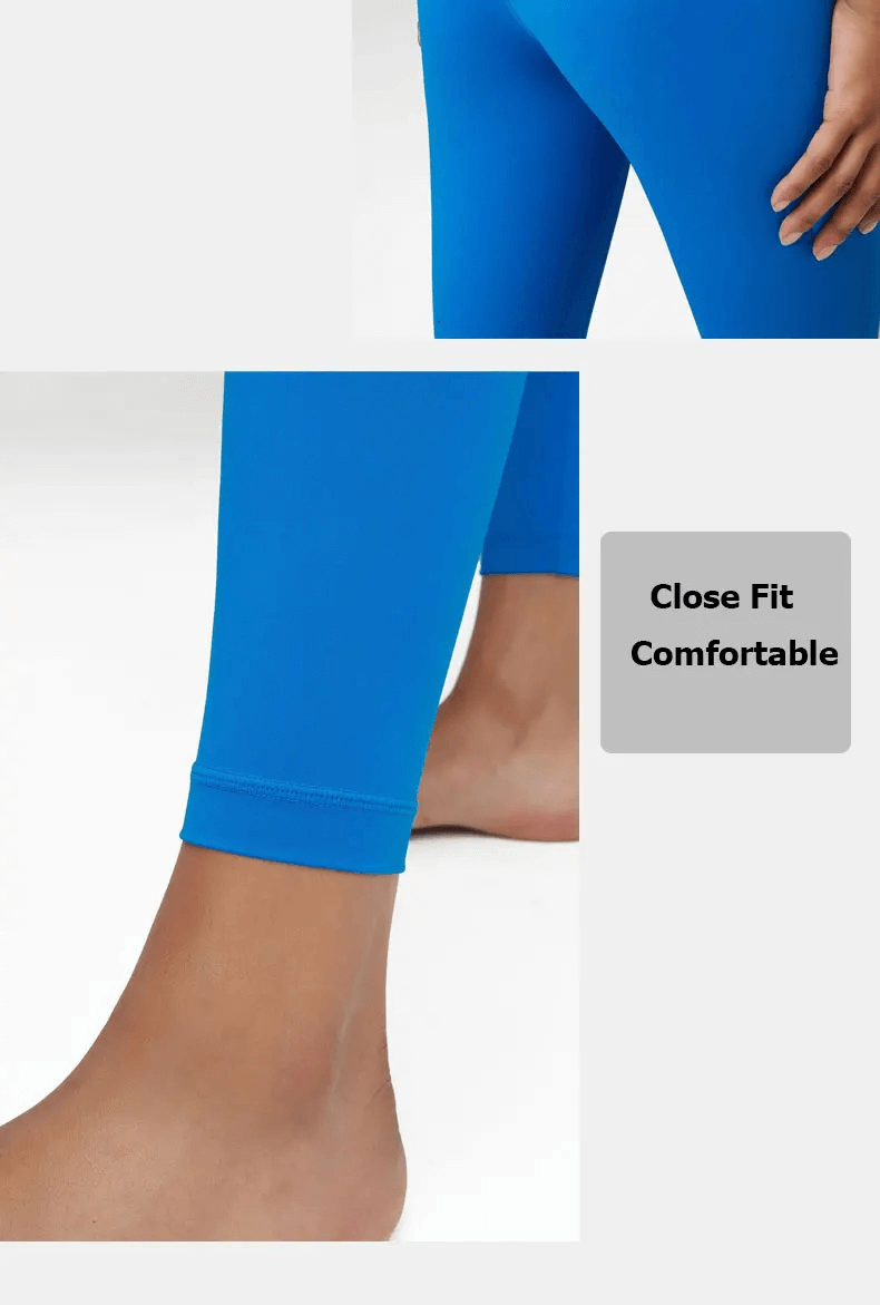 Close-up of blue high-waist yoga leggings showcasing elastic fit and comfort.