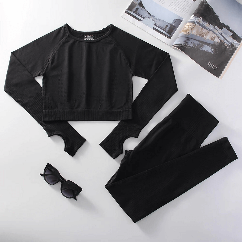 Stylish Elastic Women’s Suit with Top and Leggings SF1683, high-stretch nylon for yoga and daily fashion, with sunglasses and magazine.