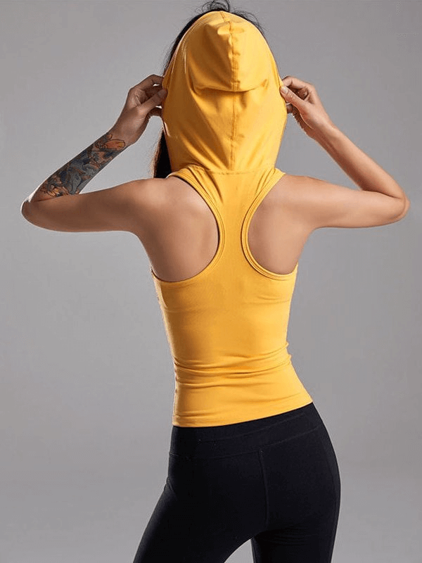 Back view of woman wearing yellow elastic tank top with hood, perfect for yoga and fitness. SF1275 stylish sportswear.