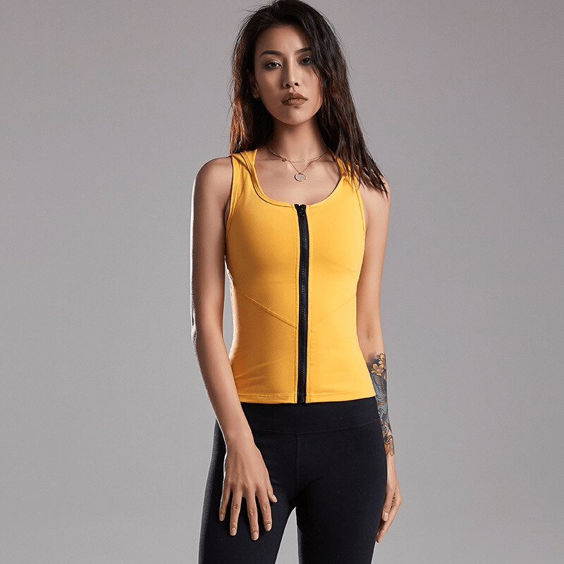 Stylish elastic women's tank top with zipper in yellow, ideal for yoga, fitness, or running. Features breathable, quick-drying fabric.