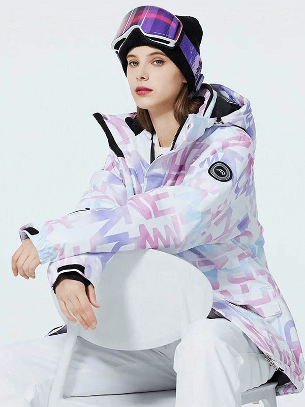 Stylish female skier wearing letter-printed ski jacket SF1787 with hood and pockets, showcasing a trendy and protective snow outfit.