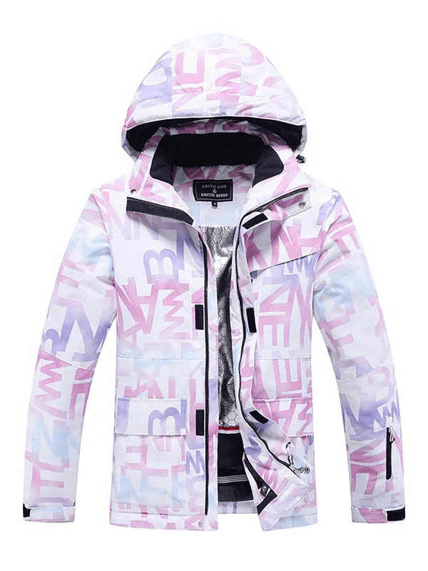 Stylish female letter printed ski jacket with hood and pockets, SF1787, made of durable polyester. Perfect for skiers seeking style.