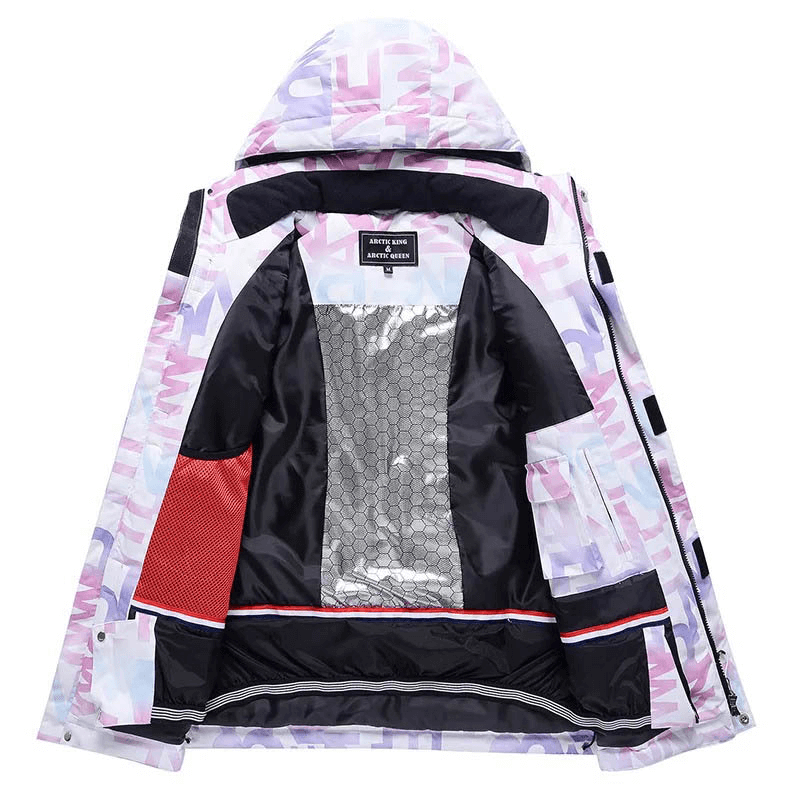 Inside view of stylish female letter printed ski jacket SF1787 with hood, showing pockets and breathable, windproof lining.