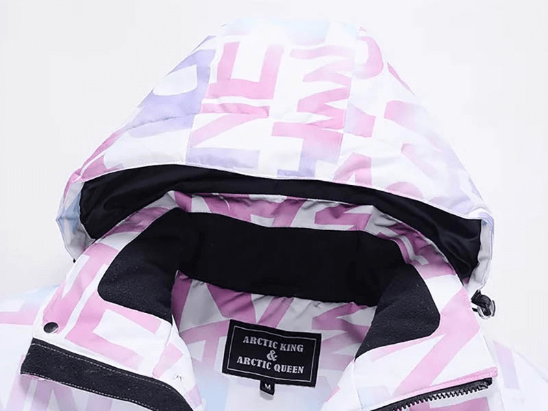Stylish female ski jacket with letter print hood, waterproof features, and durable polyester material.