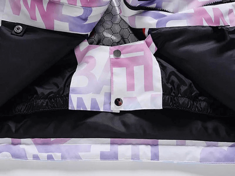 Stylish female letter printed ski jacket with pockets, featuring purple and pink letters on durable polyester for warmth and style.
