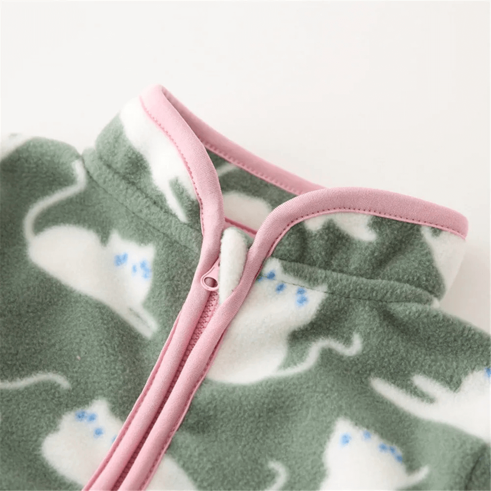 Stylish Fleece Jacket with Print for Boys and Girls - SF3537, featuring adorable cat pattern on soft green fabric with pink zip-up closure.
