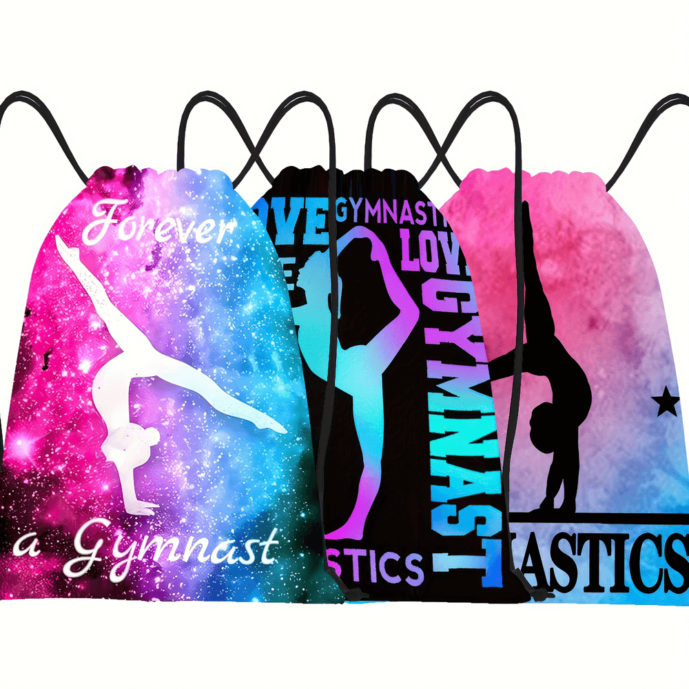 Colorful gymnastics drawstring backpacks with vibrant designs and 