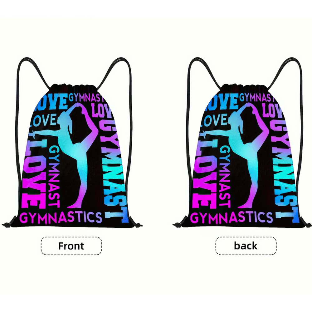 Holographic gymnastics drawstring backpack with gymnast silhouette, featuring bold 'LOVE GYMNASTICS' text, perfect for active lifestyles.