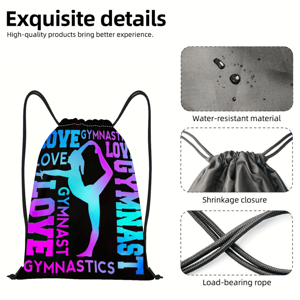 Holographic gymnastics drawstring backpack with water-resistant material and adjustable strap, perfect for sports and fitness enthusiasts.