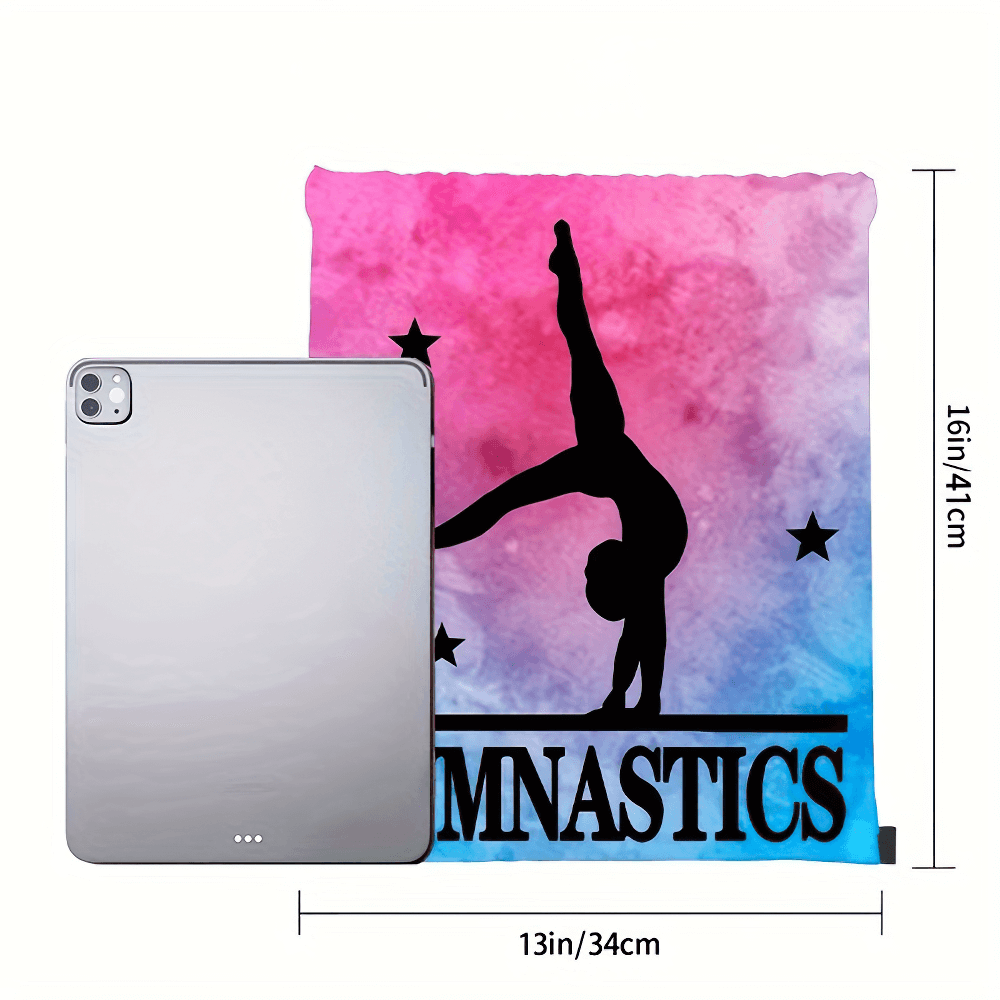 Stylish gymnastics drawstring backpack with holographic design, perfect for sports and dance, shown with a tablet for size comparison.