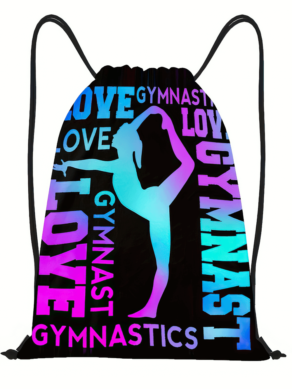 Holographic gymnastics drawstring backpack with colorful lettering and silhouette design for fitness enthusiasts.