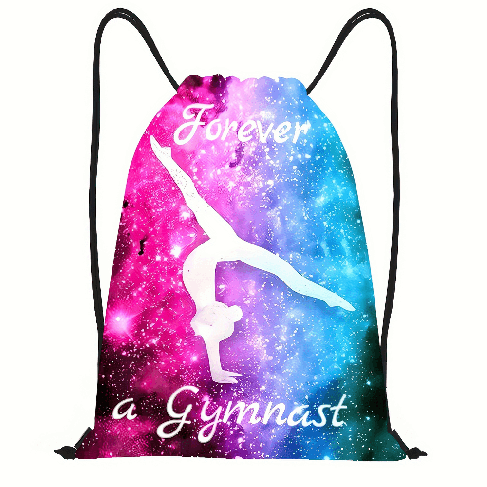 Vibrant gymnastics drawstring backpack with 'Forever a Gymnast' design, perfect for active lifestyles and sports enthusiasts.