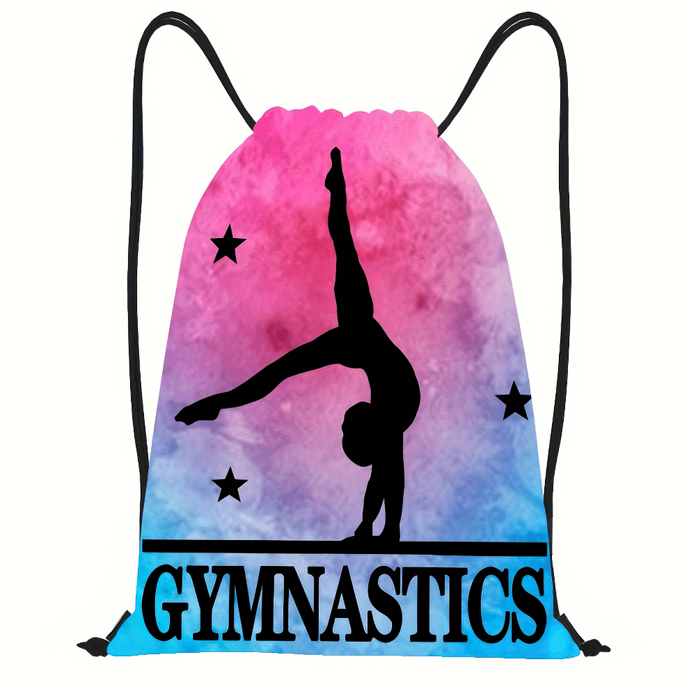 Holographic gymnastics drawstring backpack with silhouette design and star pattern, perfect for dance and sports enthusiasts.