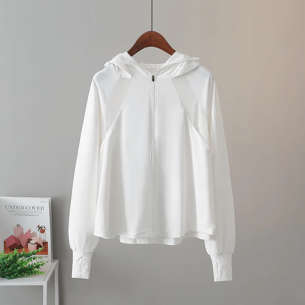 White hooded UV protection ice silk jacket with zipper, offering UPF 50+, lightweight and stylish for sunny days.