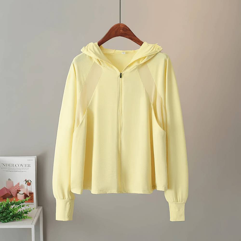 Yellow hooded UV protection jacket SF2306 with O-neck and full zipper, lightweight and stylish ice silk for sun safety.