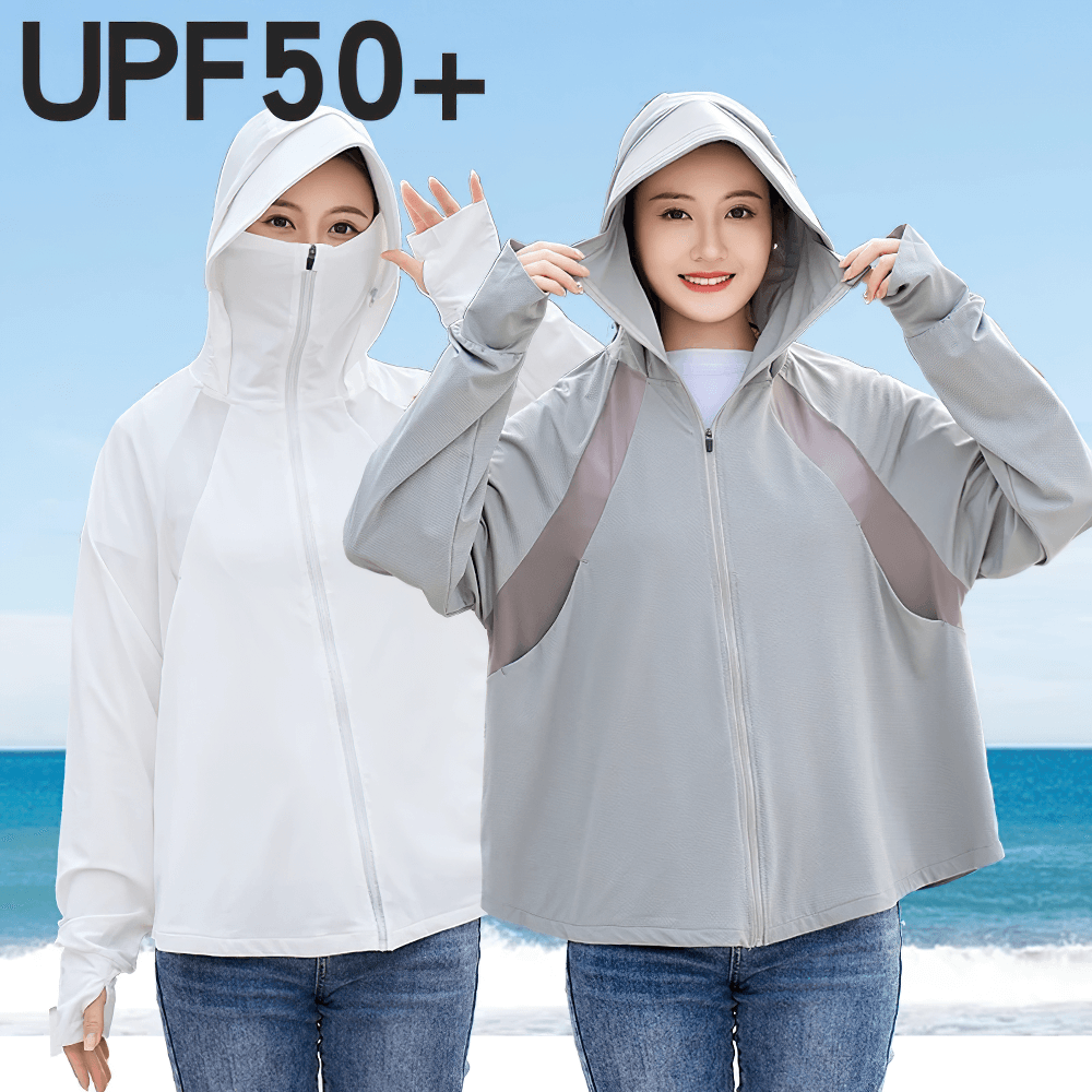 Stylish UPF 50+ hooded sun jackets in white and gray, perfect for summer with full zipper and lightweight fabric.