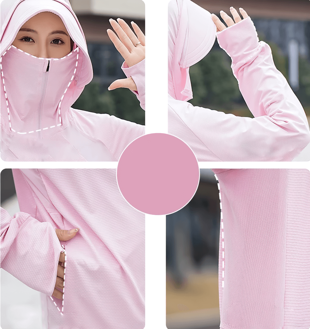 Close-up of pink hooded ice silk sun jacket with UPF 50+ protection, showcasing zipper, sleeve detail, and lightweight fabric.