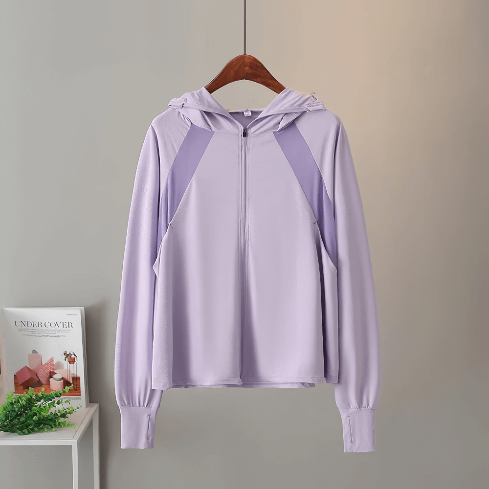 Light purple hooded UV protection sun jacket with a stylish O-neck and zipper, offering UPF 50+ protection for sunny days.