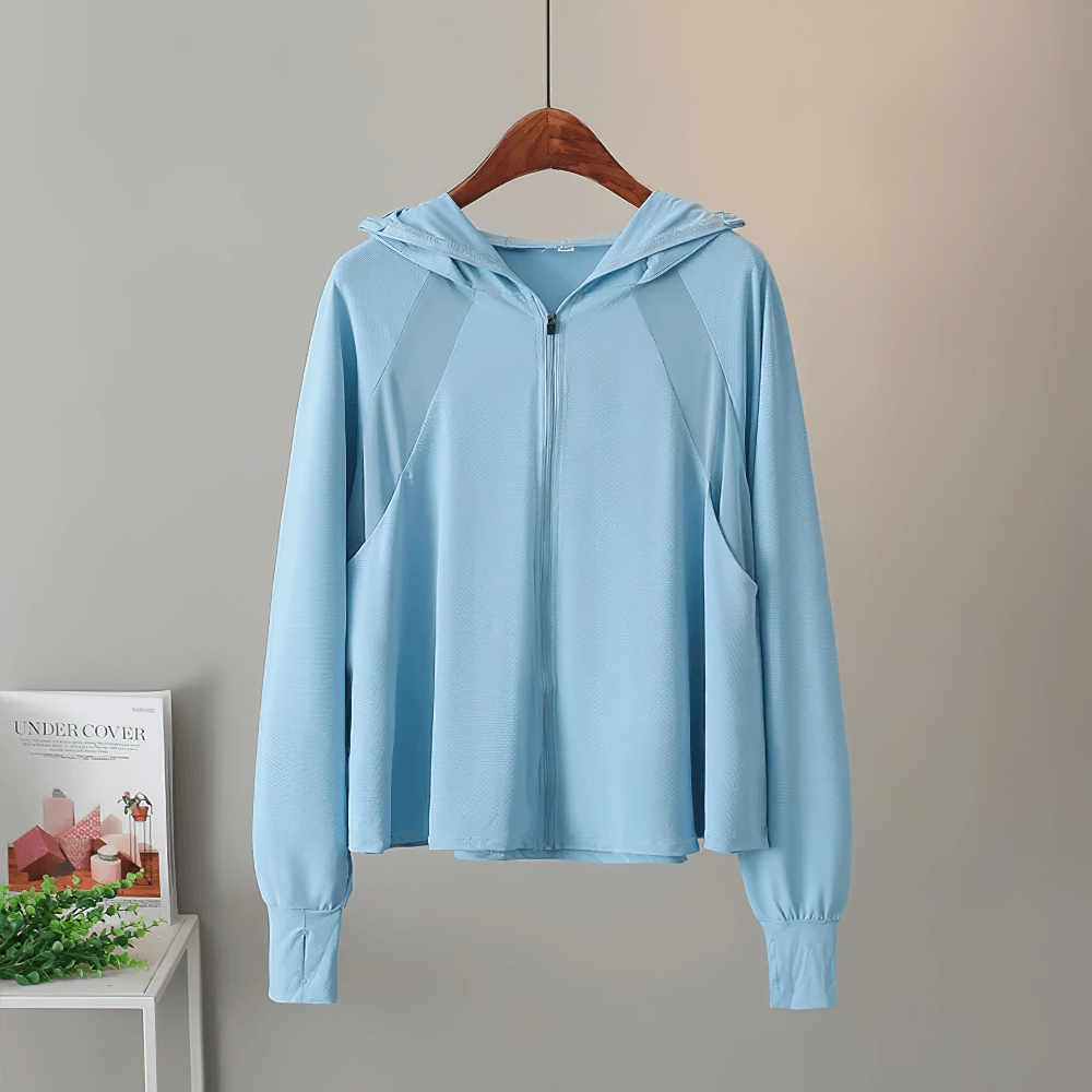 Blue hooded ice silk sun jacket with UPF 50+ UV protection, featuring full zipper and lightweight fabric. Stylish and protective for sunny days.