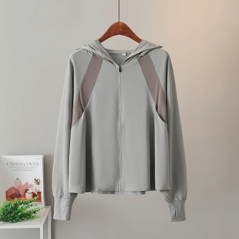 Stylish hooded UV protection gray jacket with full zipper and O-neck collar for sunny days.