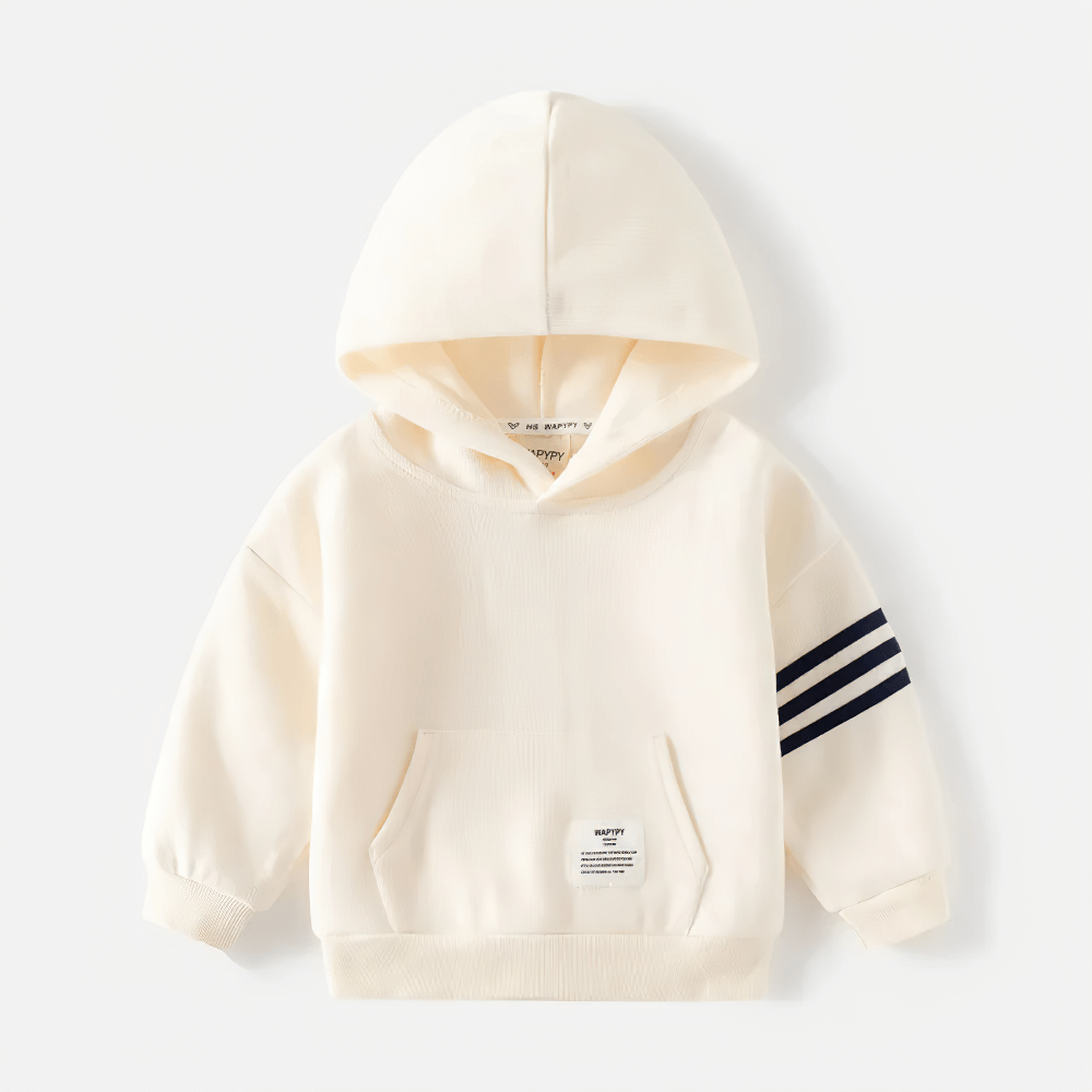 Alt Tag: Stylish kid's beige hooded sweatshirt with white stripes, fleece-lined for warmth, perfect for boys and girls.