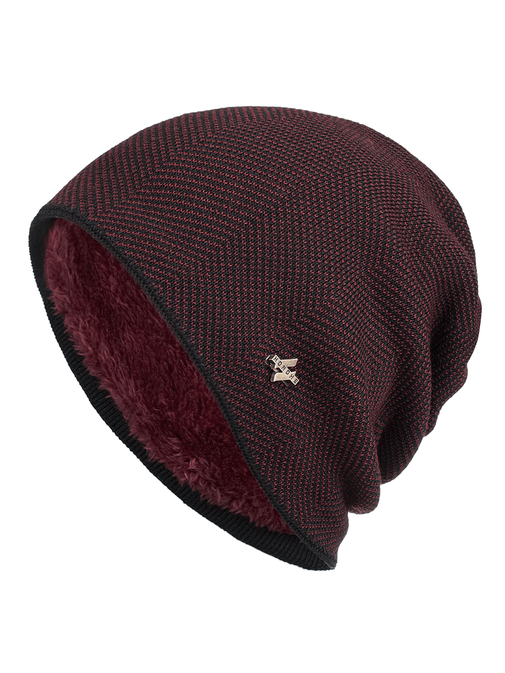 Stylish knit beanie with inner fleece lining, perfect for winter warmth and outdoor activities with a trendy unisex design.