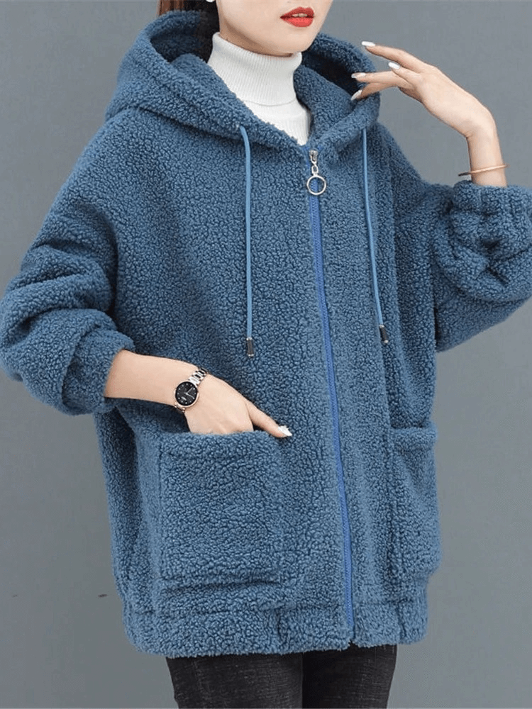 Stylish Loose Women's Fleece Jacket with Hood SF1955 - Blue Cotton Casual Wear with Zipper, Full Sleeves, Solid Pattern.