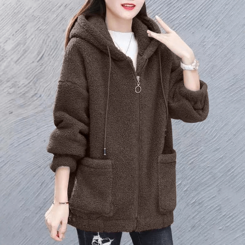 Stylish loose women's fleece jacket with hood, cotton material, full-length sleeves, casual solid pattern, perfect for cozy comfort.